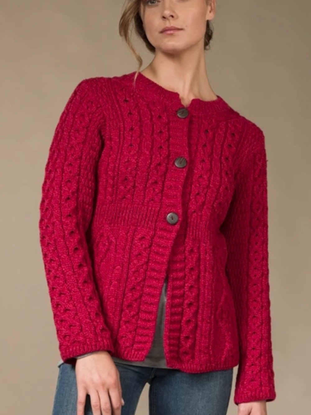 ARAN SWEATER MARKET Women's Merino Wool A-Line Fit Cardigan XL RED(Chillipepper)